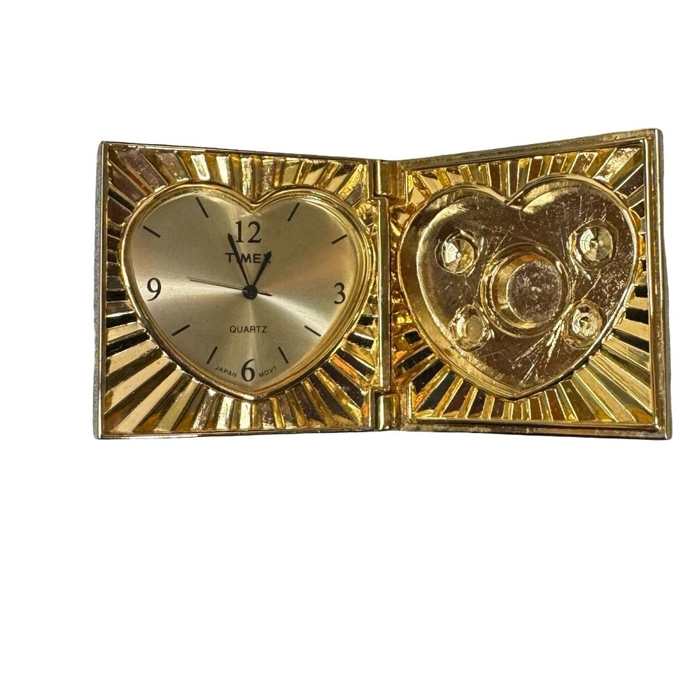 Vintage Timex Heart Quartz Desk Clock Sunburst Gold Folding Hinged Photo Frame